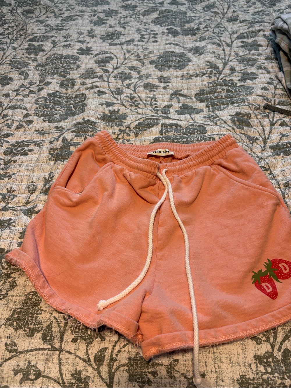 Women’s Dippin Daisys Peach Drawstring Shorts with Strawberry Detail 100% Cotton